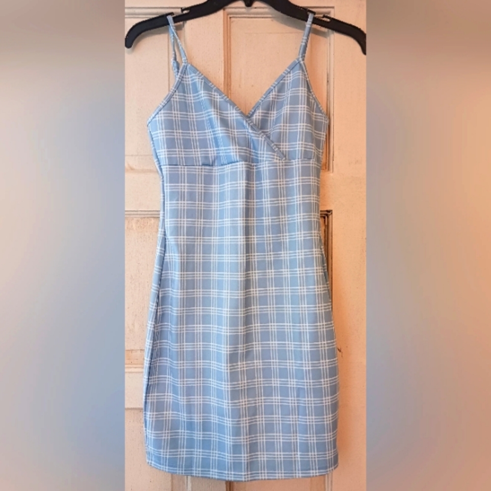 Baby blue plaid bodycon dress Sz XS